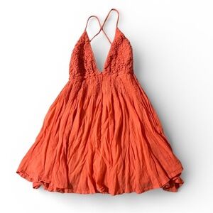 Free People Vibrant Coral Backless Crinkled Sundress